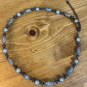 Black mesh cover choker with faux pearls n crystals held together gun metal bead